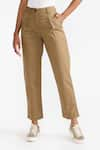 PERONA_Brown Cotton Solid Alessia Front Pleat Pant _Online_at_Aza_Fashions