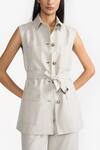 PERONA_Beige Cotton Solid Collared Ariana Front Pocket Vest _Online_at_Aza_Fashions