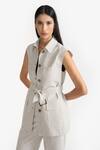 Buy_PERONA_Beige Cotton Solid Collared Ariana Front Pocket Vest _Online_at_Aza_Fashions