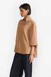 Buy_PERONA_Brown Cotton Solid Collared Blaire Asymmetric Shirt _Online_at_Aza_Fashions