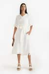 Buy_PERONA_White Cotton Stripe V Neck Etsu Detailed Midi Dress _at_Aza_Fashions