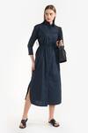 Buy_PERONA_Blue Cotton Plain Collared Neck Janie Dress _at_Aza_Fashions