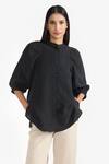 PERONA_Black Cotton Plain Collared Neck Veronica Puff Sleeve Shirt _Online_at_Aza_Fashions