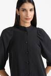 Shop_PERONA_Black Cotton Plain Collared Neck Veronica Puff Sleeve Shirt 