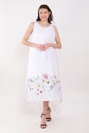 Buy_Linen Bloom_White 100% Linen Embroidery Thread Round Neck Floral Border Dress _at_Aza_Fashions