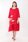 Linen Bloom_Red 100% Linen Embroidery Thread Round Neck Floral Placement Dress_Online_at_Aza_Fashions