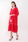 Buy_Linen Bloom_Red 100% Linen Embroidery Thread Round Neck Floral Placement Dress_Online_at_Aza_Fashions
