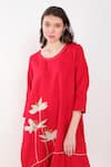 Linen Bloom_Red 100% Linen Embroidery Thread Round Neck Floral Placement Dress_at_Aza_Fashions