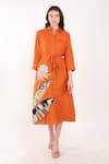 Buy_Linen Bloom_Orange 100% Linen Embroidery Thread Collar Palm Leaf Dress_at_Aza_Fashions