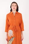 Shop_Linen Bloom_Orange 100% Linen Embroidery Thread Collar Palm Leaf Dress_Online_at_Aza_Fashions
