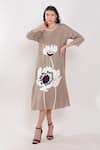 Linen Bloom_Brown 100% Linen Embroidery Floral Patchwork Round Neck Dress_Online_at_Aza_Fashions