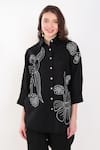 Linen Bloom_Black 100% Linen Embroidery Thread Collar Flower Shirt _Online_at_Aza_Fashions