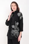 Shop_Linen Bloom_Black 100% Linen Embroidery Thread Collar Flower Shirt _Online_at_Aza_Fashions