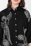 Linen Bloom_Black 100% Linen Embroidery Thread Collar Flower Shirt _at_Aza_Fashions