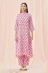 Samyukta Singhania_Pink Cotton Printed Floral Band Collar Princess-cut A-line Kurta Set_Online_at_Aza_Fashions