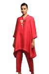 Shop_Avni Bhuva_Red Linen Print Blossom V Neck Amai Asymmetric Kurta With Pant _at_Aza_Fashions