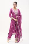 Samyukta Singhania_Purple Kurta Dola Silk Embroidery Floral Round Neck Pant Set _Online_at_Aza_Fashions