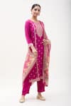 Buy_Samyukta Singhania_Magenta Kurta Muslin Jacquard Floral Round Neck Paisley Yoke Pattern Pant Set _at_Aza_Fashions