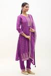 Samyukta Singhania_Purple Muslin, Organza Embroidery Round Neck Flower Butti Kurta Pant Set_Online_at_Aza_Fashions