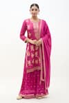 Buy_Samyukta Singhania_Pink Kurta Dola Silk Print Floral Round Neck Bloom Sharara Set _at_Aza_Fashions