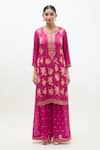 Samyukta Singhania_Pink Kurta Dola Silk Print Floral Round Neck Bloom Sharara Set _Online_at_Aza_Fashions