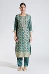 Samyukta Singhania_Green Kurta Tissue Woven Floral Jaal Round Flower Pattern Straight Pant Set _Online_at_Aza_Fashions