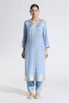 Samyukta Singhania_Blue Kurta Muslin Woven Flower Butti Round Straight Floret Pattern Pant Set _Online_at_Aza_Fashions