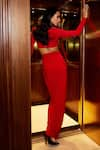 Shop_Tisharth by Shivani_Red Polyester Solid Crew Milano Crop Top With Front Slit Skirt _at_Aza_Fashions