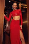 Tisharth by Shivani_Red Polyester Solid Crew Milano Crop Top With Front Slit Skirt _Online_at_Aza_Fashions