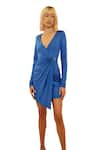 Tisharth by Shivani_Blue Polyester Solid V-neck Venice Wrap Mini Dress _Online_at_Aza_Fashions