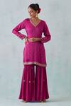 Ikshita Choudhary_Magenta Satin Hand Embroidery Sequin V Neck Kurta Sharara Set _Online_at_Aza_Fashions