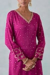 Shop_Ikshita Choudhary_Magenta Satin Hand Embroidery Sequin V Neck Kurta Sharara Set _Online_at_Aza_Fashions