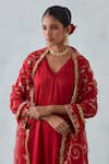 Ikshita Choudhary_Red Satin Hand Embroidery Sequin V Neck Kurta Set_at_Aza_Fashions