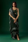 Buy_Breathe by Aakanksha Singh_Green Shimmer Georgette Textured Antimony Pre-draped Ruffle Saree With Blouse _at_Aza_Fashions