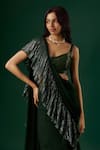 Breathe by Aakanksha Singh_Green Shimmer Georgette Textured Antimony Pre-draped Ruffle Saree With Blouse _at_Aza_Fashions