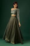 Buy_Breathe by Aakanksha Singh_Green Brocade Chanderi Embellished Sequin Wizard Layered Lehenga With Blouse _at_Aza_Fashions