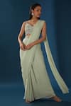 Buy_Baidehi_Green Georgette Sequins, Cut Work, Embroidered Pre-draped Saree With Bustier _at_Aza_Fashions