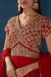 BAIDEHI_Red Bamboo Pearls, Embroidery, Piping V-neck Floral Yoke Anarkali With Dupatta _Online_at_Aza_Fashions