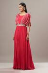 Buy_BAIDEHI_Red Georgette Embroidery Cutdana Round Neck Pearl Gown With Belt _at_Aza_Fashions