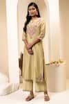 Suvastram_Green Kurta Chanderi Silk Embroidery Floral Notched With Palazzo _Online_at_Aza_Fashions