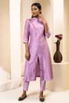 Buy_Suvastram_Purple Kurta Chanderi Silk Embroidery Floral Mandarin Front Open With Pant _at_Aza_Fashions