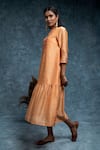 Buy_Suvastram_Orange Chanderi Silk Embroidery Floral Mandarin Tiered Dress _Online_at_Aza_Fashions