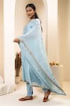 Suvastram_Sky Blue Kurta Chanderi Silk Embroidery Notched Attached Dupatta With Churidar _at_Aza_Fashions