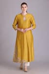 Suvastram_Yellow Kurta Chanderi Silk Print Geometric Embroidered Straight And Pant Set _Online_at_Aza_Fashions