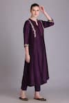 Suvastram_Purple Kurta Chanderi Silk Embroidered Thread Notched Flower Pant Set _at_Aza_Fashions