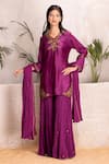 Buy_Suvastram_Purple Kurta Chanderi Silk Embroidered Sequins V-neck Sharara Set _at_Aza_Fashions