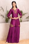 Buy_Suvastram_Purple Kurta Chanderi Silk Embroidered Sequins V-neck Sharara Set _Online_at_Aza_Fashions