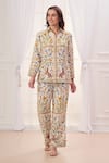 Shop_Taroob_White Linen Printed Safari Collar Shirt And Pant Set _Online_at_Aza_Fashions