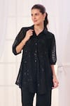 Taroob_Black Silk Cotton Blend Embroidered Safari Collar Shirt And Pant Set _at_Aza_Fashions