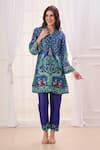 Buy_Taroob_Blue Silk Linen Blend Printed Mughal Art V Neck Kurta And Pant Set _at_Aza_Fashions